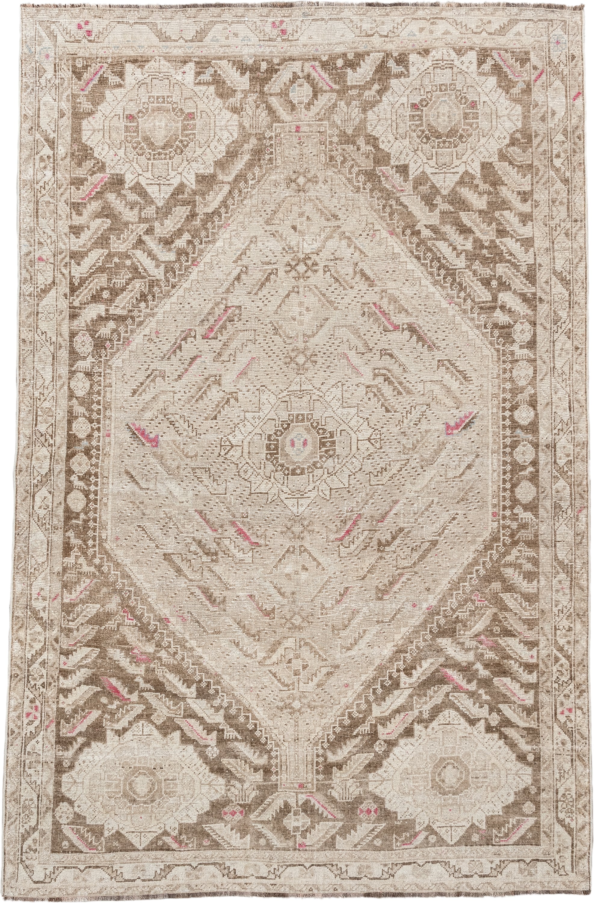 4' x 7' one-of-a-kind handmade antique Shiraz rug. Color palette: ivory, taupe, beige, rose, camel, gray, pink, red