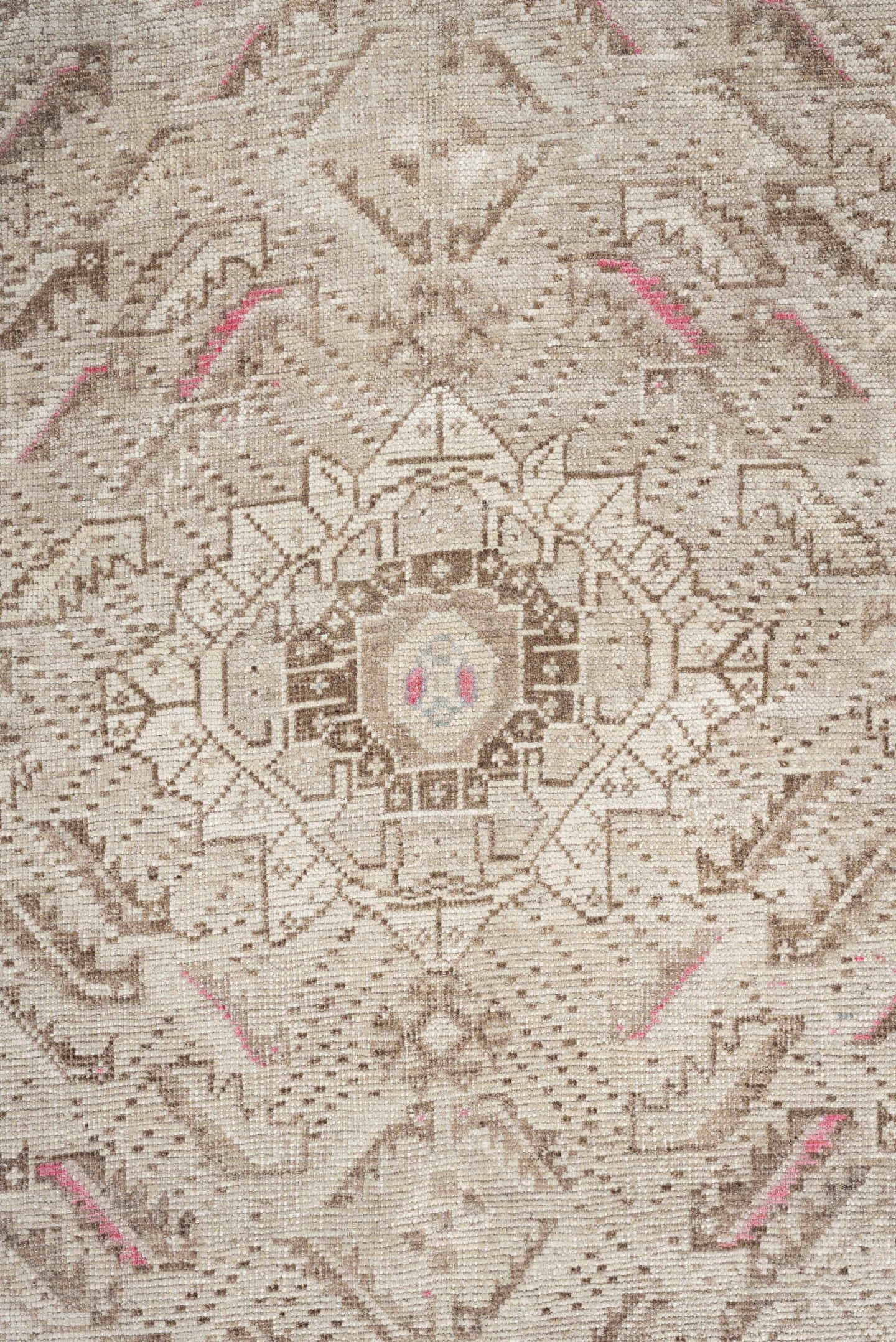 4' x 7' one-of-a-kind handmade antique Shiraz rug. Color palette: ivory, taupe, beige, rose, camel, gray, pink, red