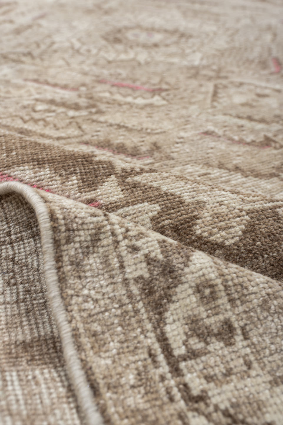 4' x 7' one-of-a-kind handmade antique Shiraz rug. Color palette: ivory, taupe, beige, rose, camel, gray, pink, red
