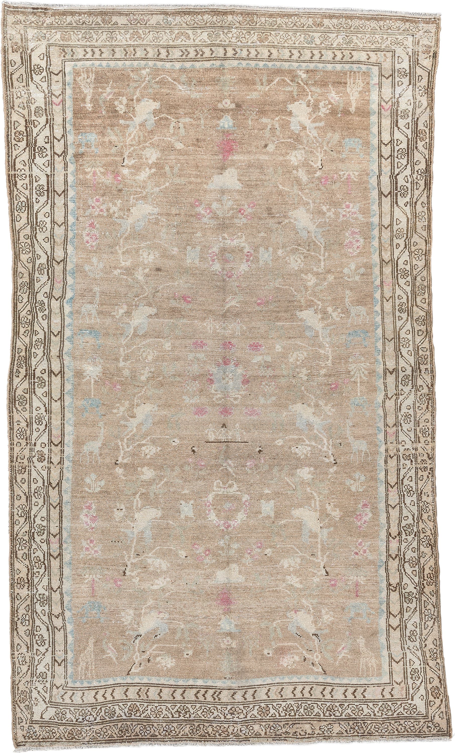 4' x 7' one-of-a-kind handmade antique Hamadan rug. Color palette: taupe, ivory, brown, pale blue, rose, cream, beige, gray