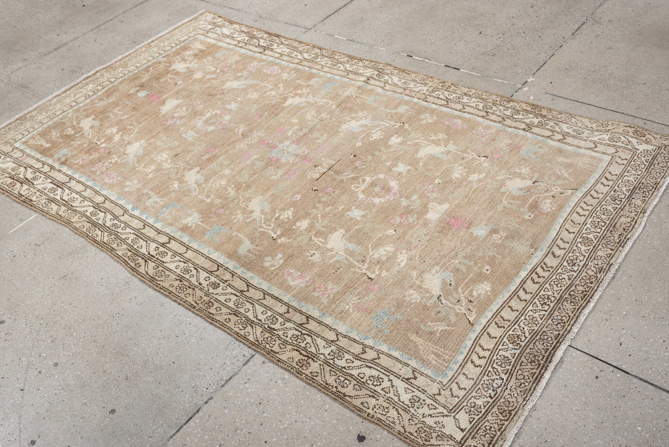 4' x 7' one-of-a-kind handmade antique Hamadan rug. Color palette: taupe, ivory, brown, pale blue, rose, cream, beige, gray