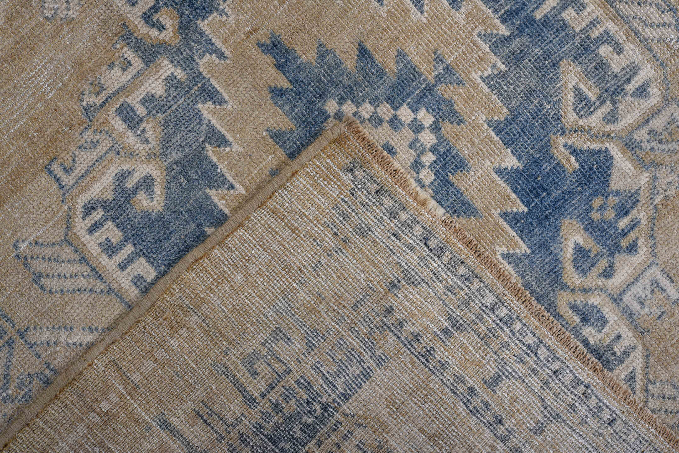3' x 4' one-of-a-kind handmade antique Caucasian small size rug. Color palette: camel, faded blue, ivory, beige, taupe, blue