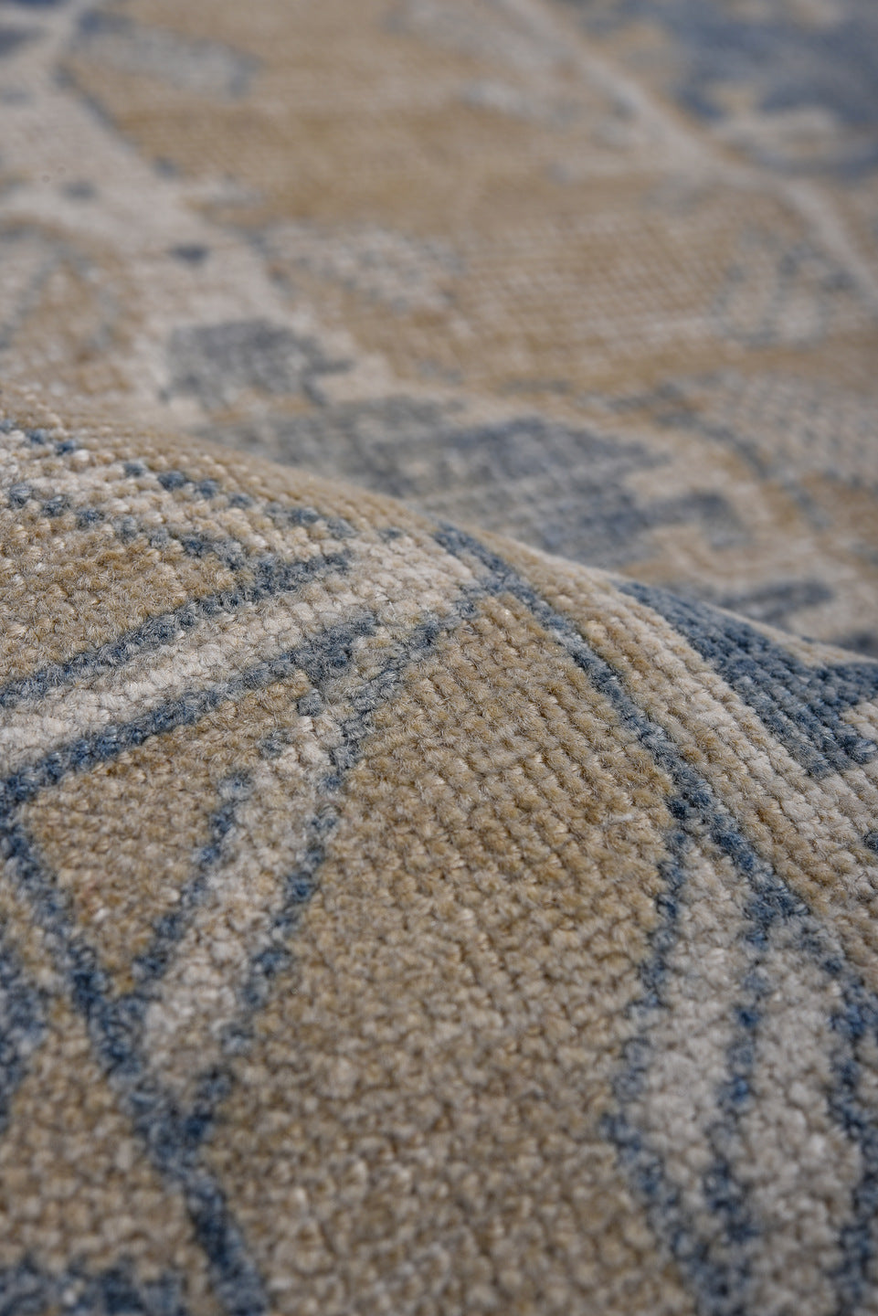 3' x 4' one-of-a-kind handmade antique Caucasian small size rug. Color palette: camel, faded blue, ivory, beige, taupe, blue