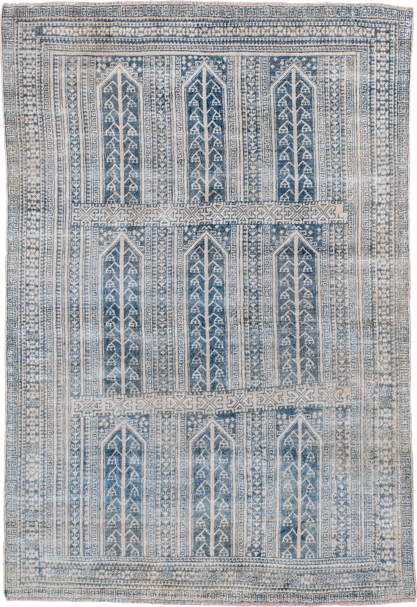 3' x 5' one-of-a-kind handmade vintage Belouch small size rug. Color palette: blue, dim gray, gainsboro, gray, light blue