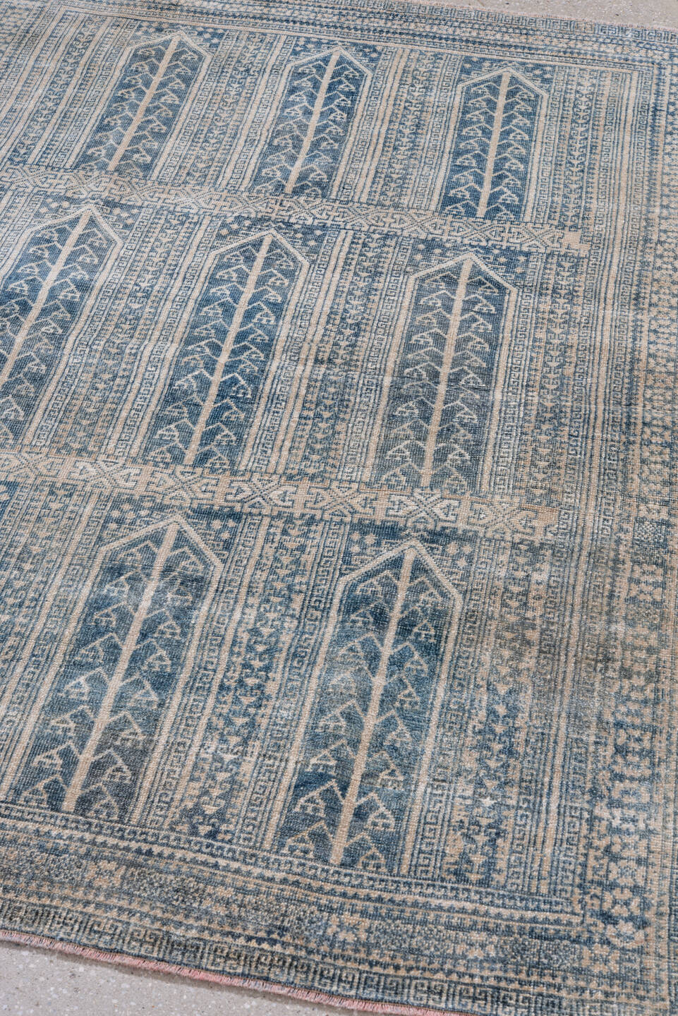 3' x 5' one-of-a-kind handmade antique Belouch small size rug. Color palette: ivory, slate, blue, pale blue, taupe, gray