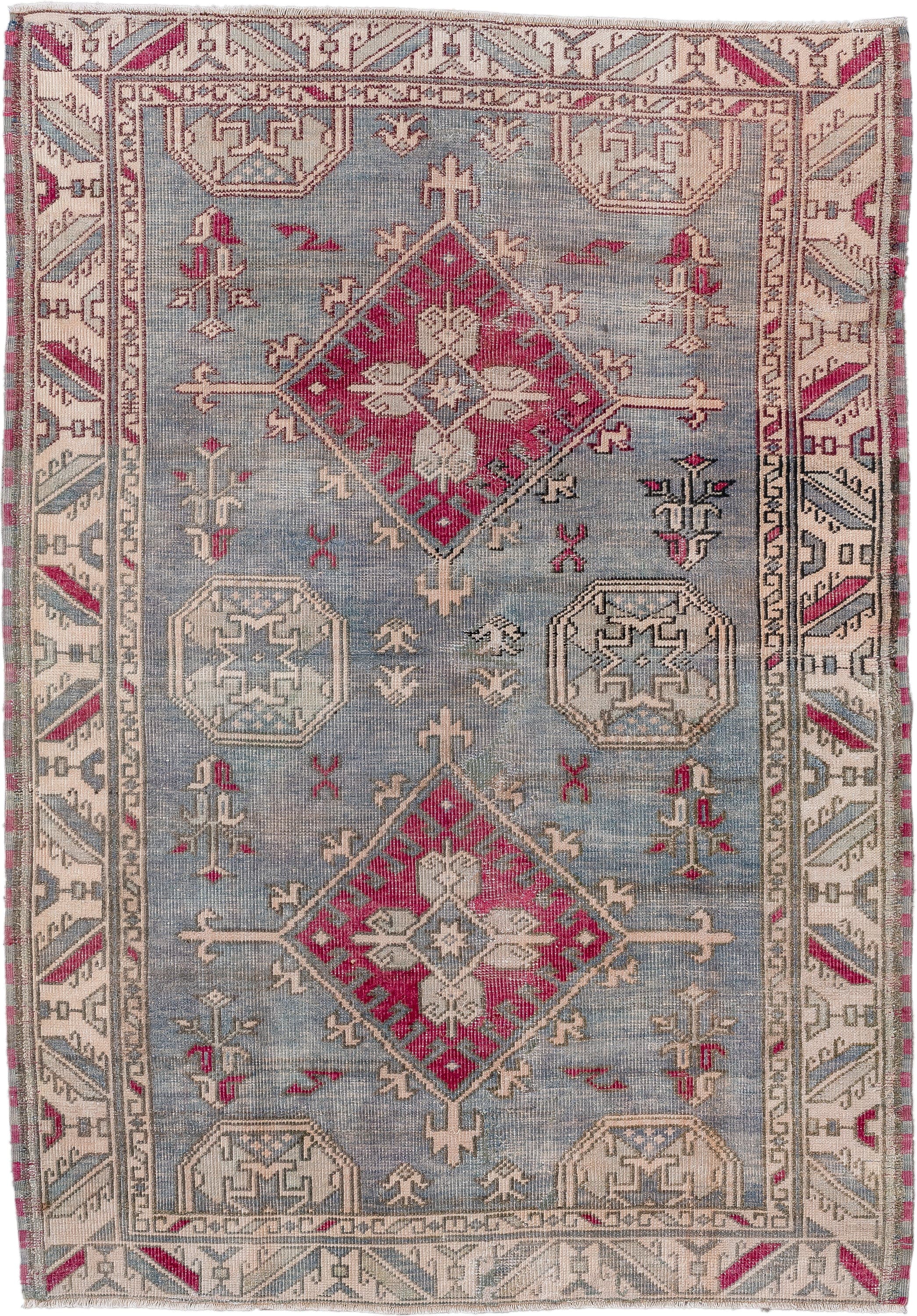 4' x 5' one-of-a-kind handmade vintage Anatolian small size rug. Color palette: ivory, blue, rose, taupe, slate, charcoal