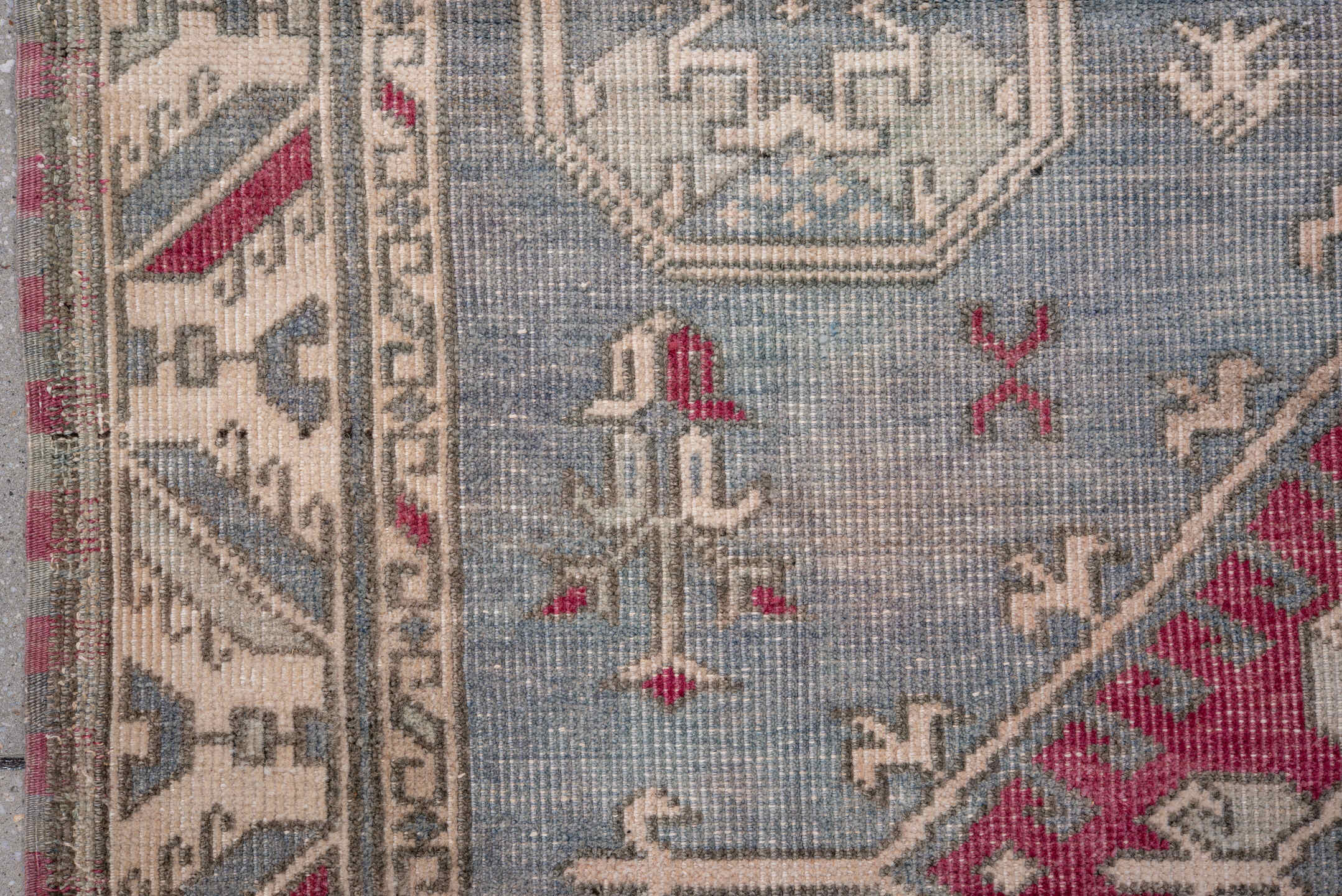 4' x 5' one-of-a-kind handmade vintage Anatolian small size rug. Color palette: ivory, blue, rose, taupe, slate, charcoal