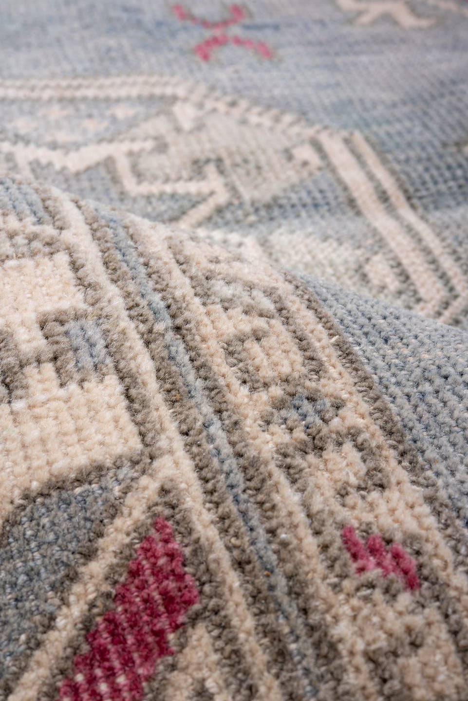 4' x 5' one-of-a-kind handmade vintage Anatolian small size rug. Color palette: ivory, blue, rose, taupe, slate, charcoal