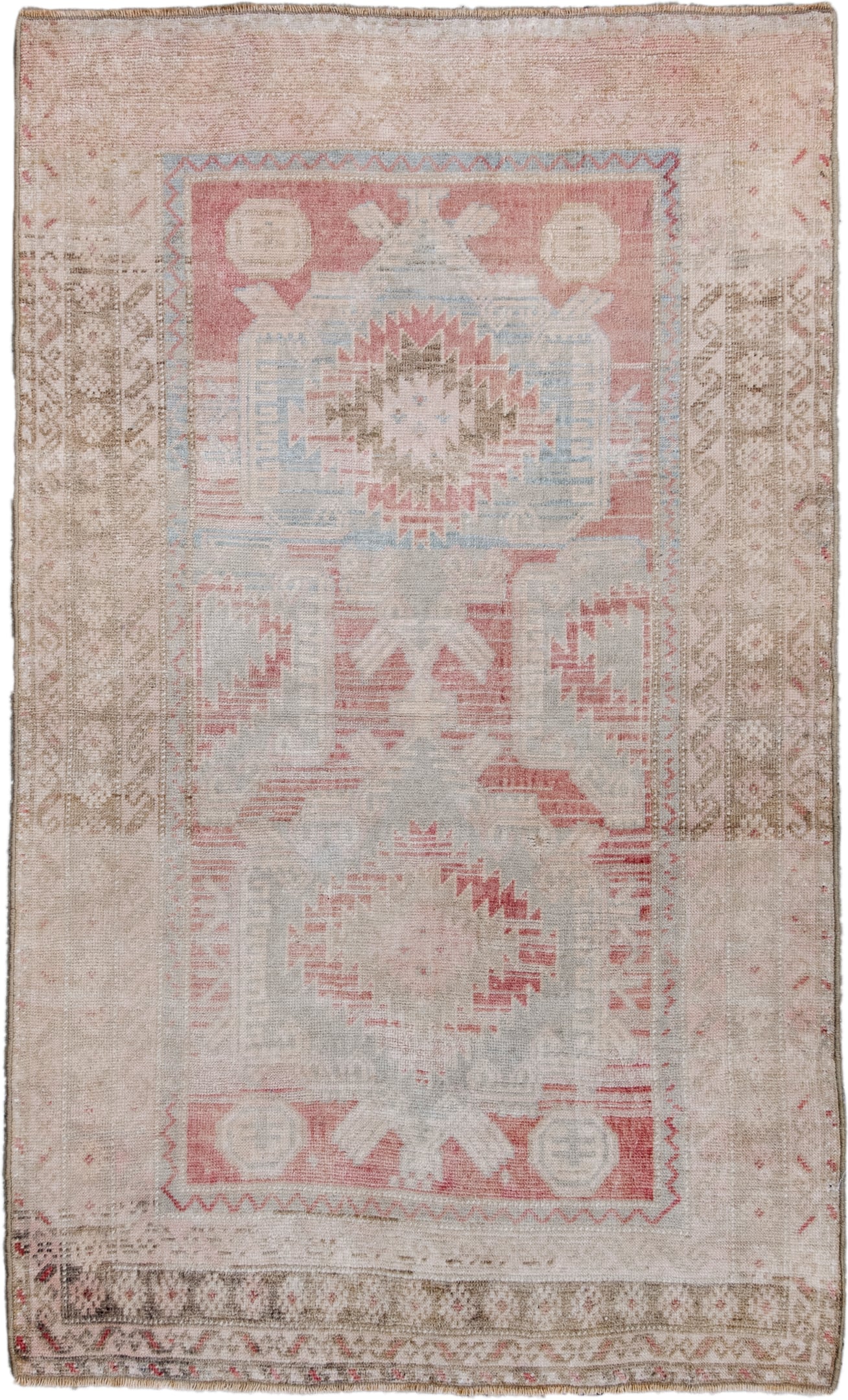 2' x 4' one-of-a-kind handmade antique Oushak small size rug. Color palette: ivory, blush, light blue, taupe, rose, beige