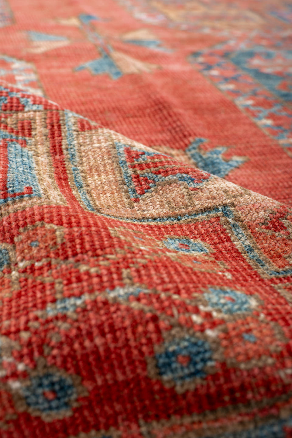 3' x 9' one-of-a-kind handmade antique Afghan runner rug. Color palette: rust, terra cotta, ivory, teal, sky blue, rose