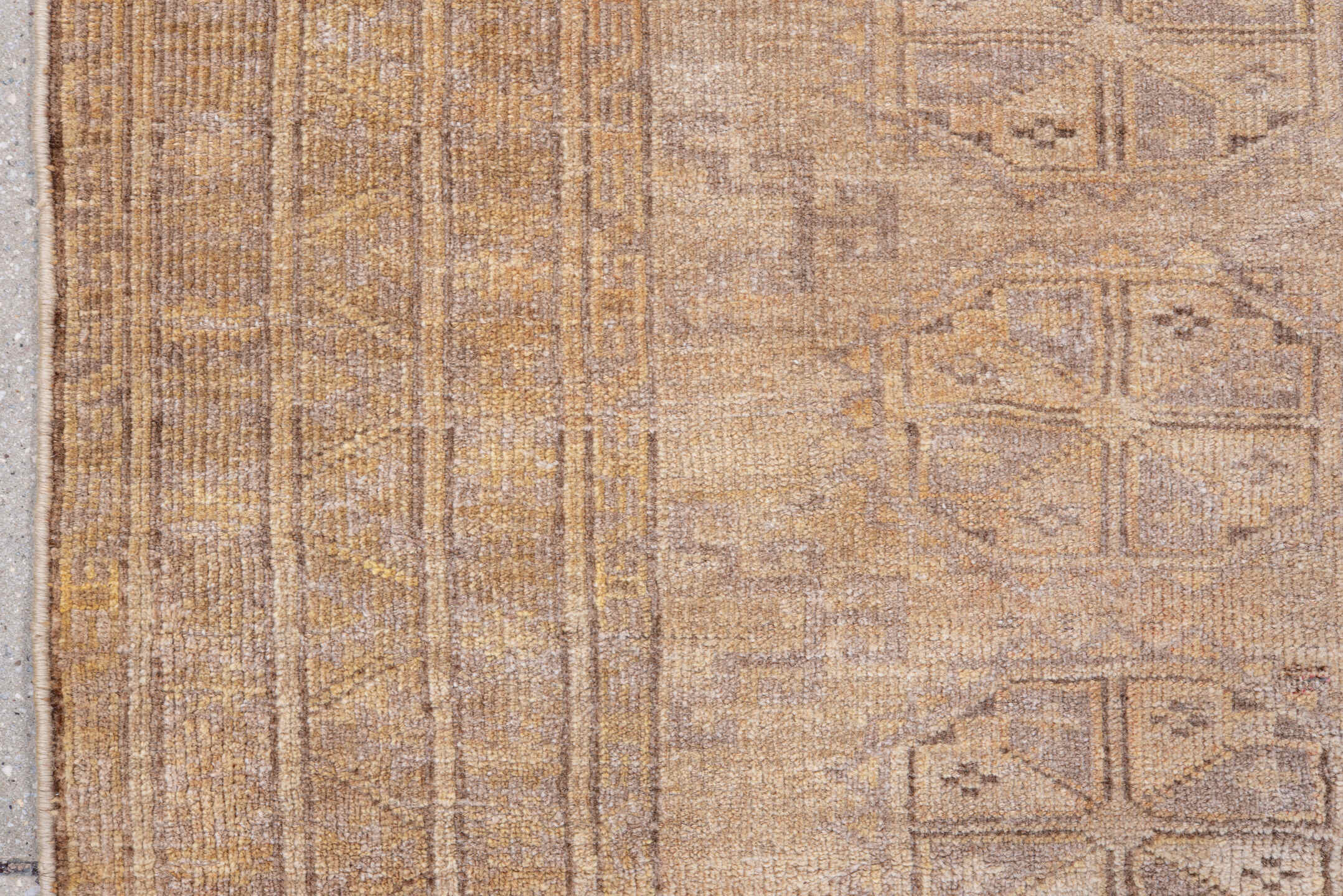 5' x 6' one-of-a-kind handmade antique Bokara rug. Color palette: camel, taupe, beige, ivory, sand, light brown, gray, brown