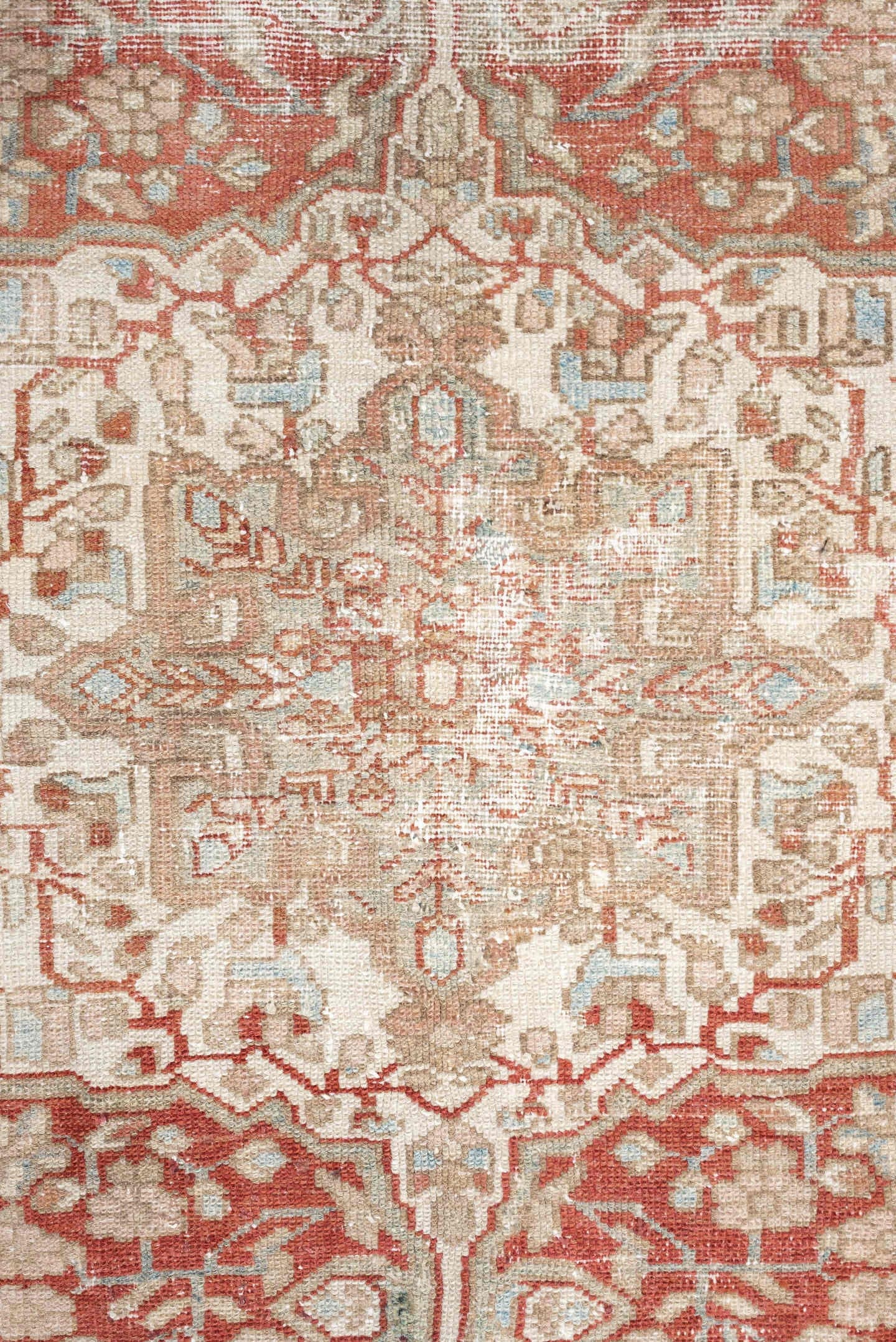 4' x 6' one-of-a-kind handmade antique Baktiary rug. Color palette: ivory, terracotta, pale blue, beige, taupe, camel, brown