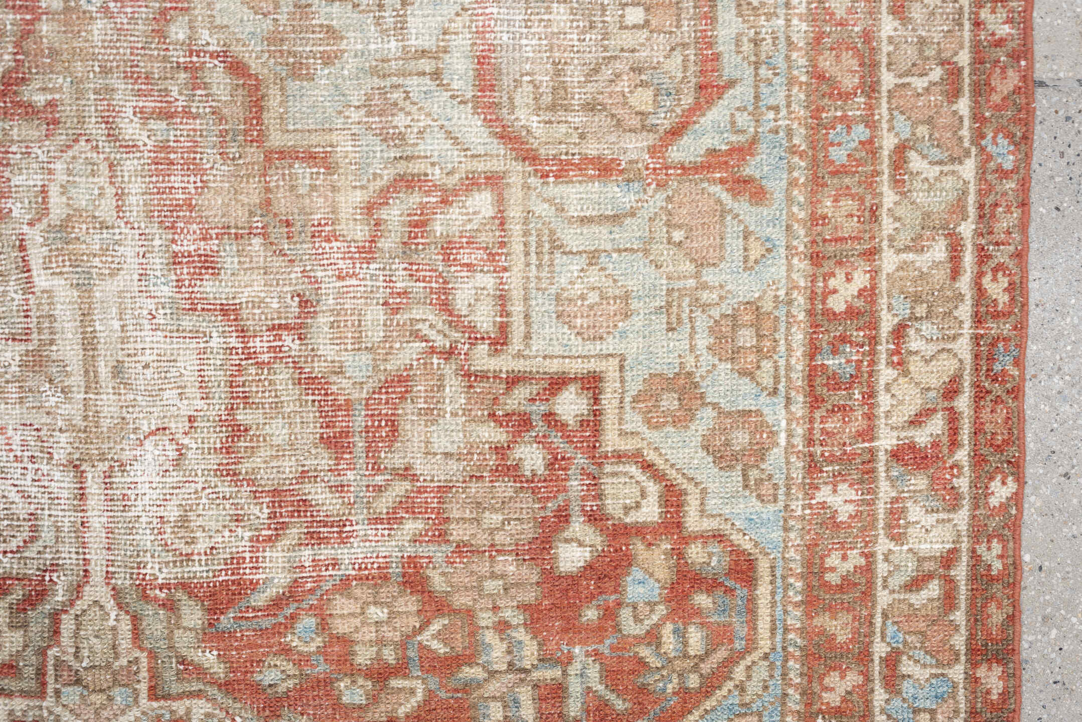 4' x 6' one-of-a-kind handmade antique Baktiary rug. Color palette: ivory, terracotta, pale blue, beige, taupe, camel, brown