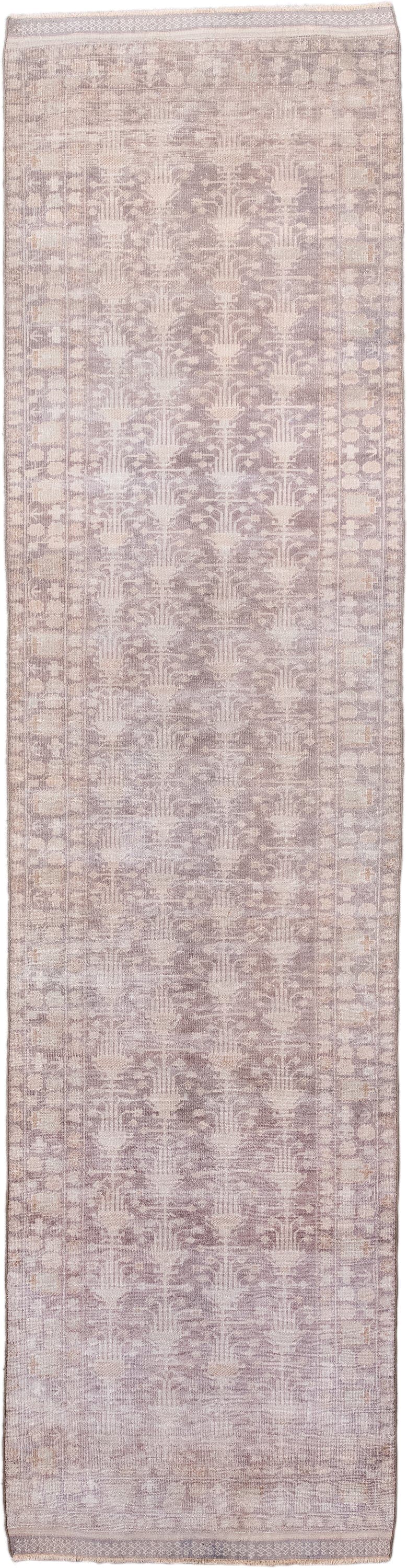 2' x 9' one-of-a-kind handmade antique Belouch runner rug. Color palette: taupe, ivory, dusty rose, beige, camel