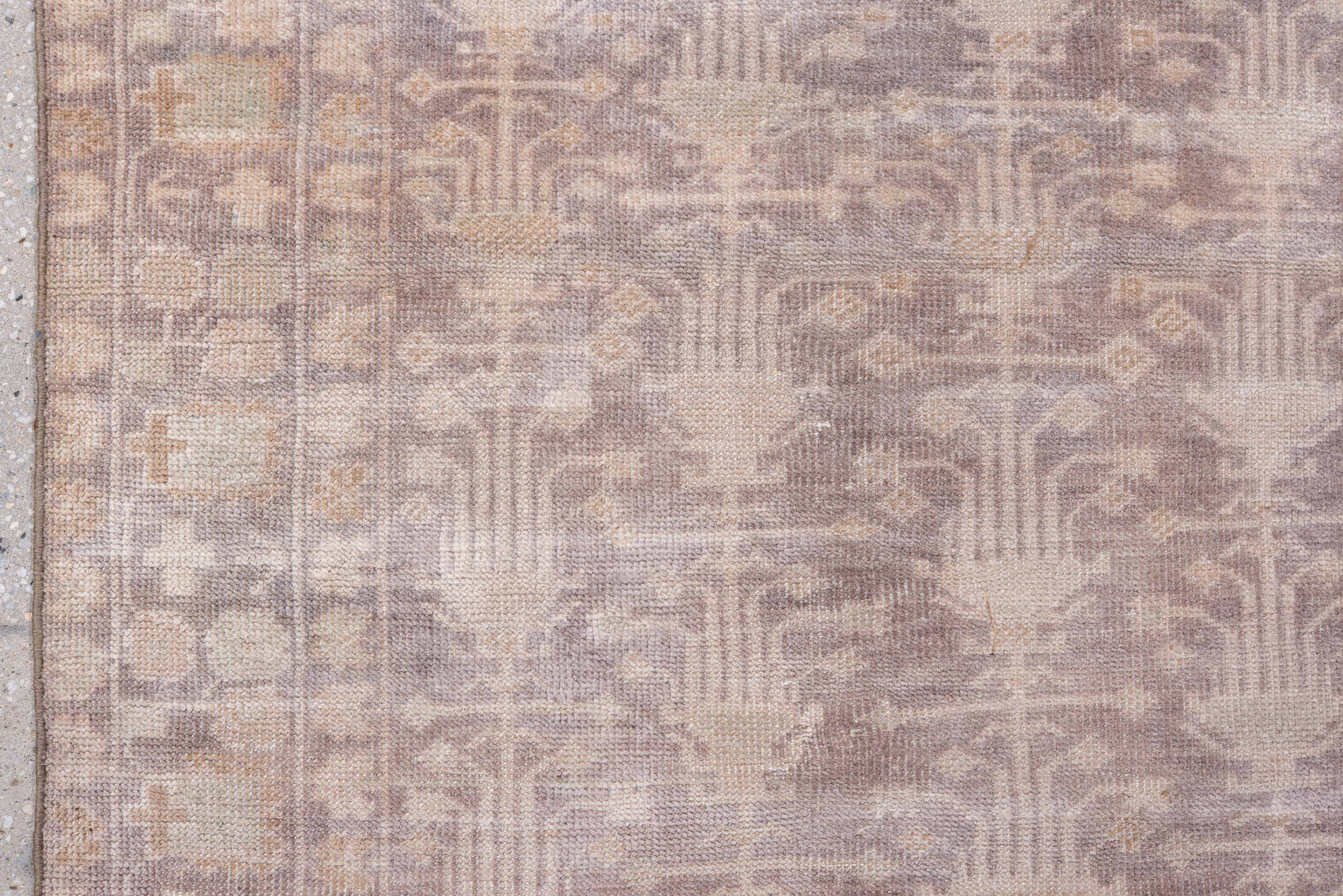 2' x 9' one-of-a-kind handmade antique Belouch runner rug. Color palette: taupe, ivory, dusty rose, beige, camel