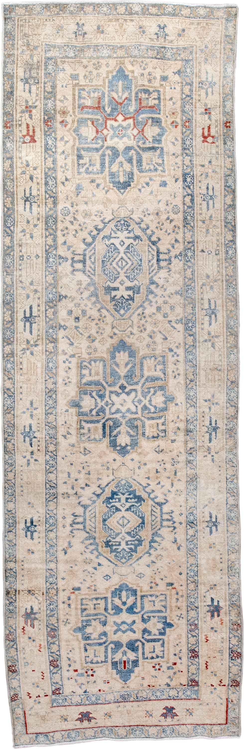 3' x 9' one-of-a-kind handmade antique Heriz runner rug. Color palette: ivory, sky blue, beige, rust, slate, camel