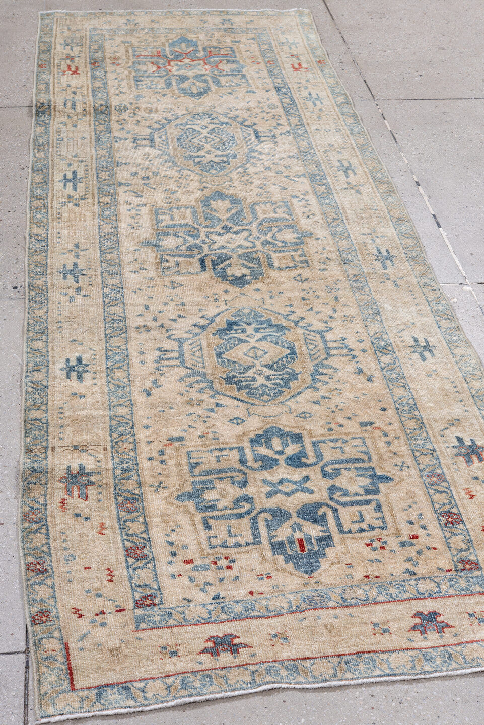 3' x 9' one-of-a-kind handmade antique Heriz runner rug. Color palette: ivory, sky blue, beige, rust, slate, camel