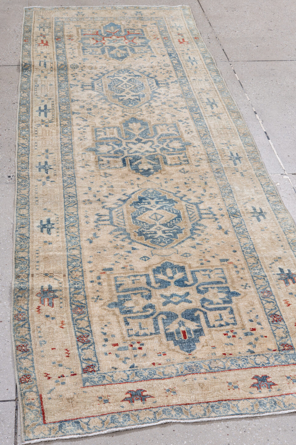 3' x 9' one-of-a-kind handmade antique Heriz runner rug. Color palette: ivory, sky blue, beige, rust, slate, camel