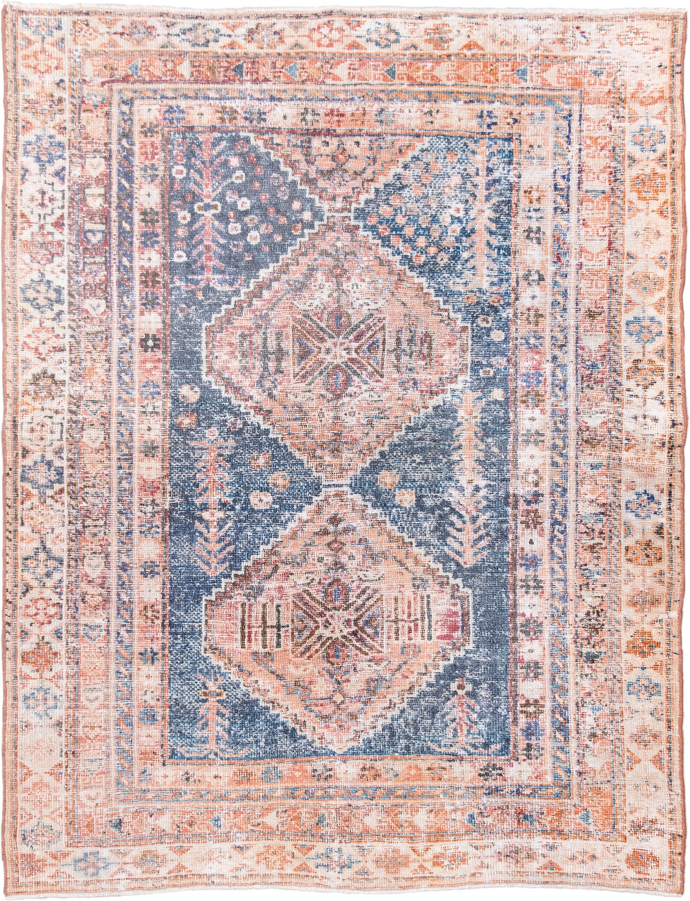 4' x 5' one-of-a-kind handmade antique Afshar small size rug. Color palette: ivory, blue, rust, coral, slate, peach