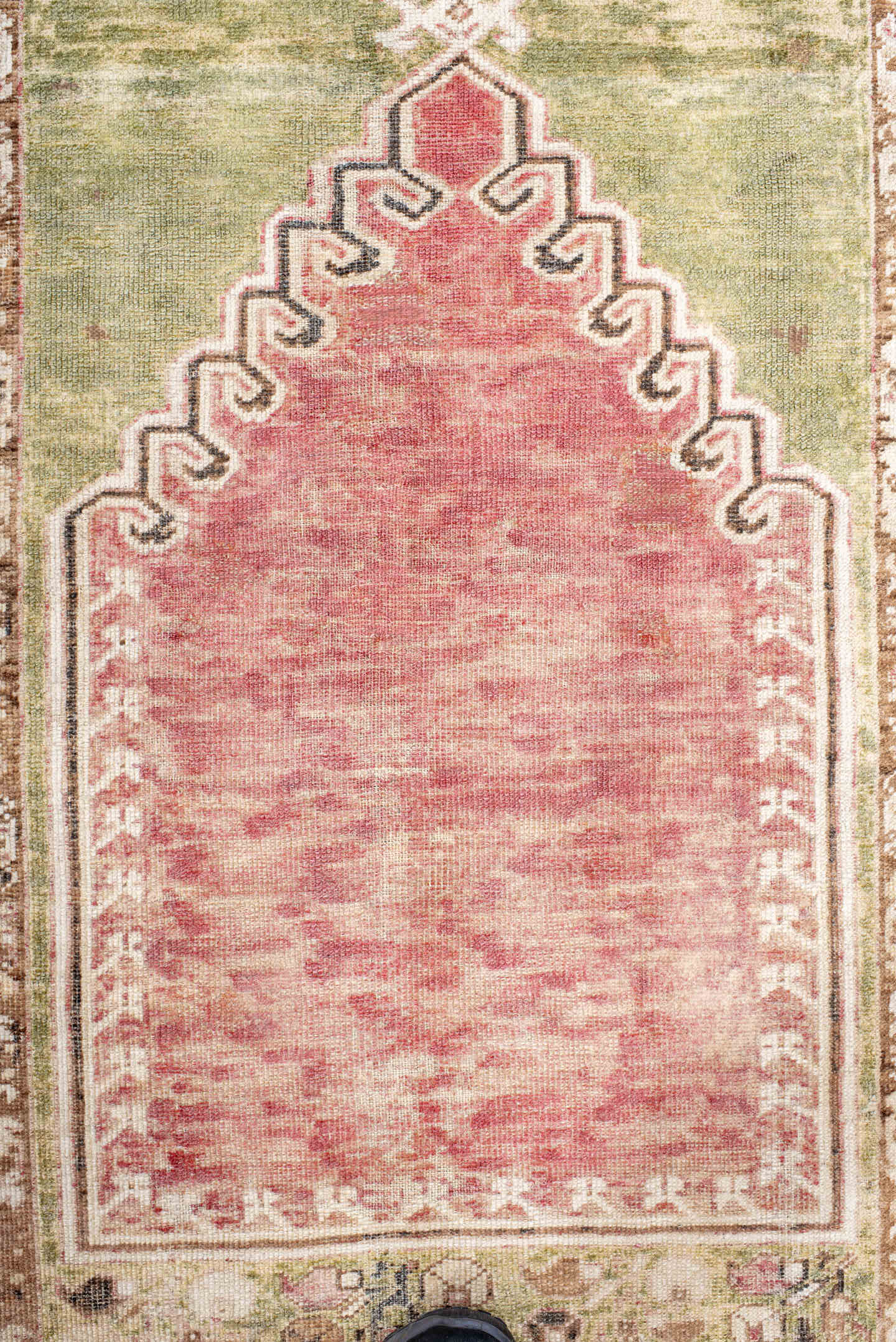 3' x 4' one-of-a-kind handmade antique Anatolian small size rug. Color palette: ivory, rose, sage, taupe, blush, brown, pink