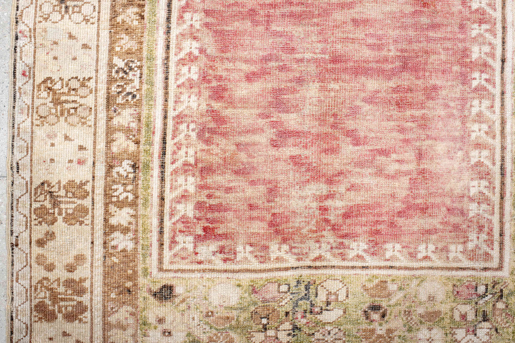 3' x 4' one-of-a-kind handmade vintage Anatol small size rug. Color palette: brown, gray, linen, misty rose, off-white