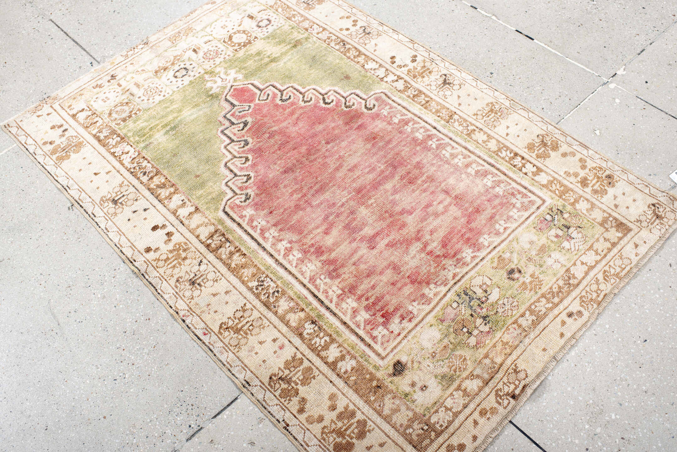 3' x 4' one-of-a-kind handmade antique Anatolian small size rug. Color palette: ivory, rose, sage, taupe, blush, brown, pink