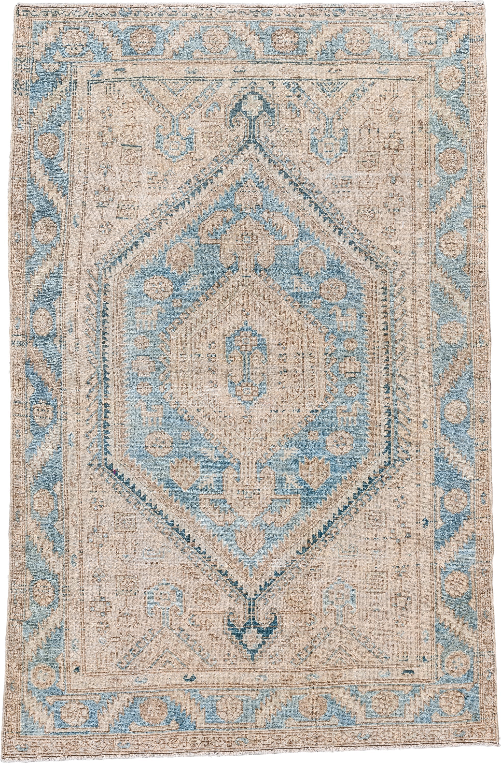4' x 6' one-of-a-kind handmade vintage Hamadan small size rug. Color palette: ivory, sky blue, beige, taupe, slate, camel