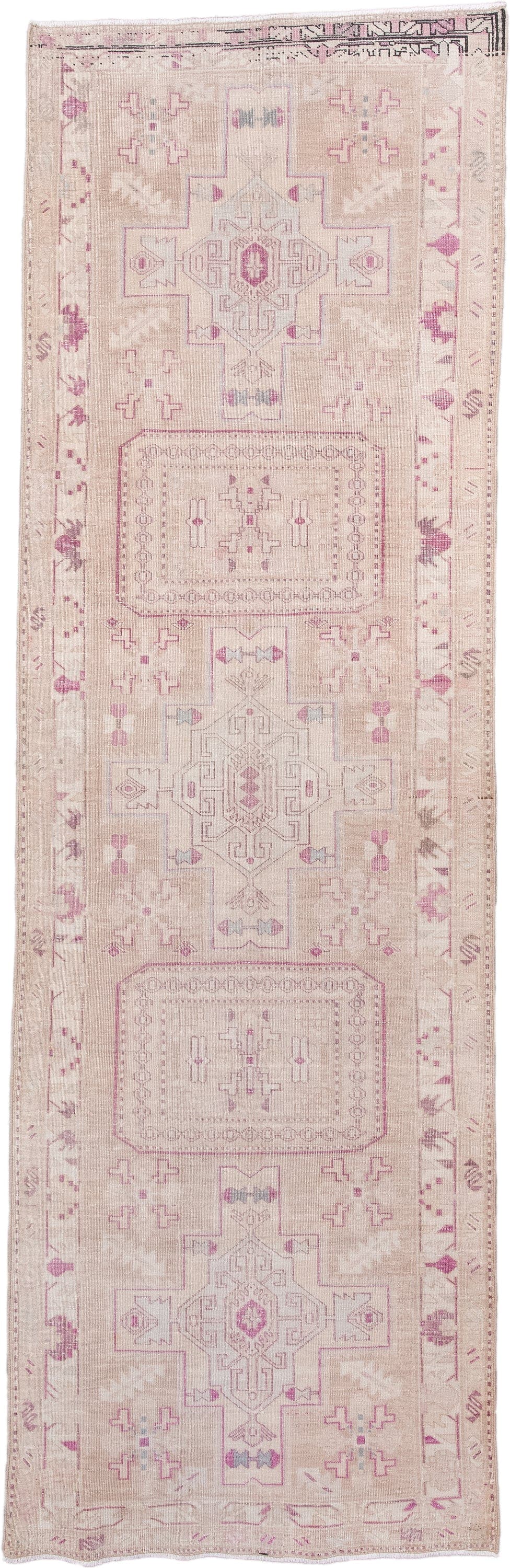 3' x 10' one-of-a-kind handmade antique runner rug. Color palette: ivory, blush, rose, taupe, lavender, pink, red, beige