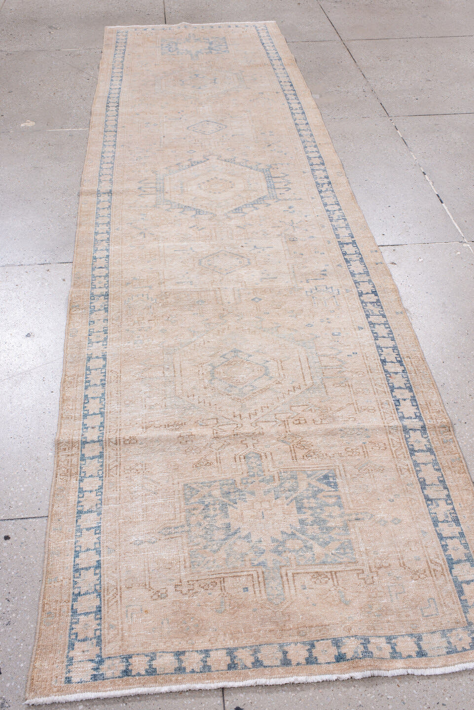 3' x 11' one-of-a-kind handmade antique Karaje runner rug. Color palette: ivory, pale blue, beige, taupe, cream, light blue