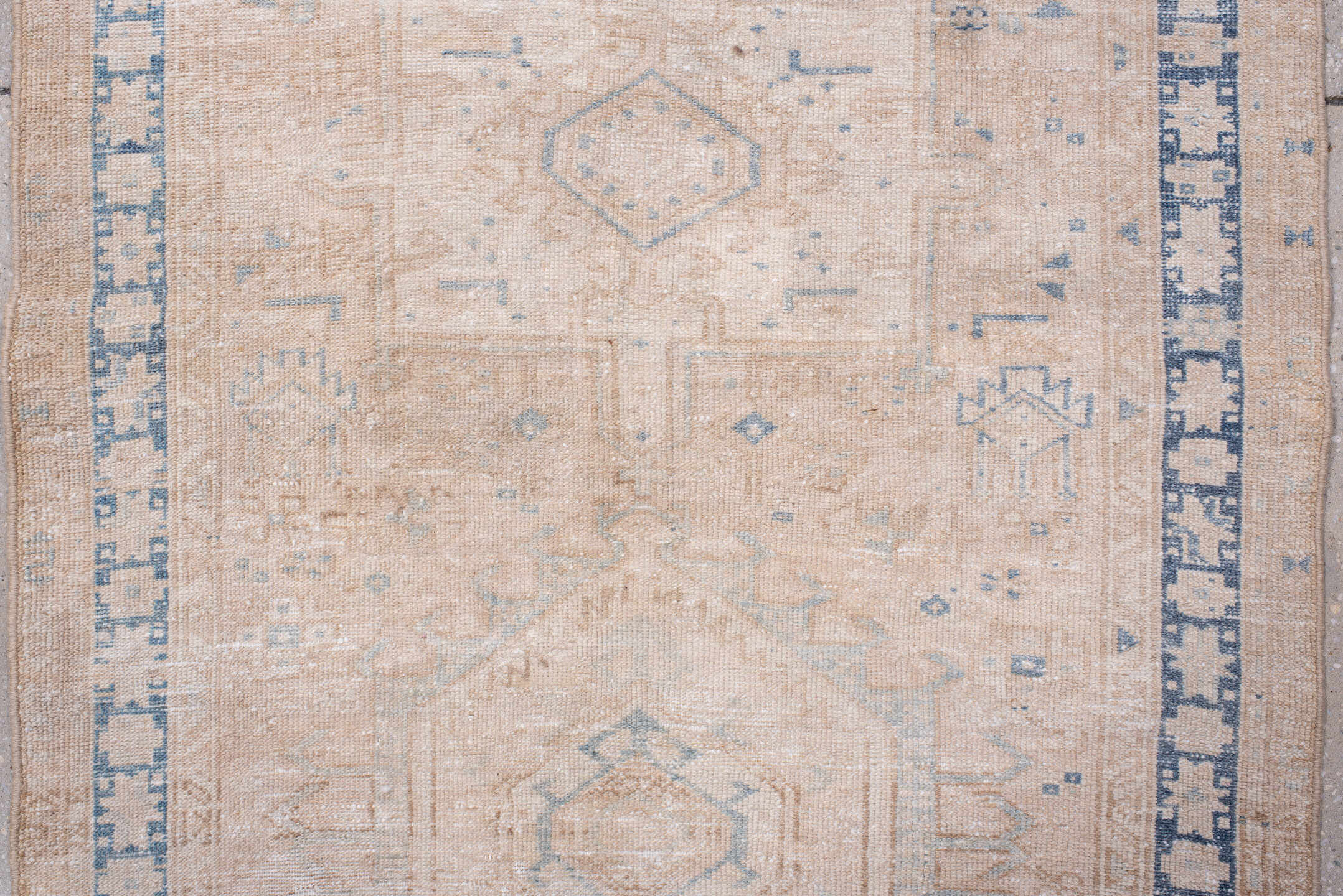 3' x 11' one-of-a-kind handmade antique Karaje runner rug. Color palette: ivory, pale blue, beige, taupe, cream, light blue