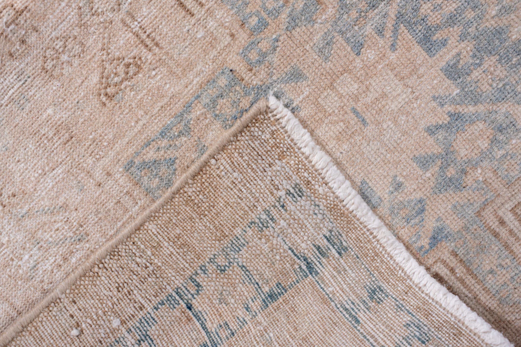 3' x 11' one-of-a-kind handmade antique Karaje runner rug. Color palette: ivory, pale blue, beige, taupe, cream, light blue