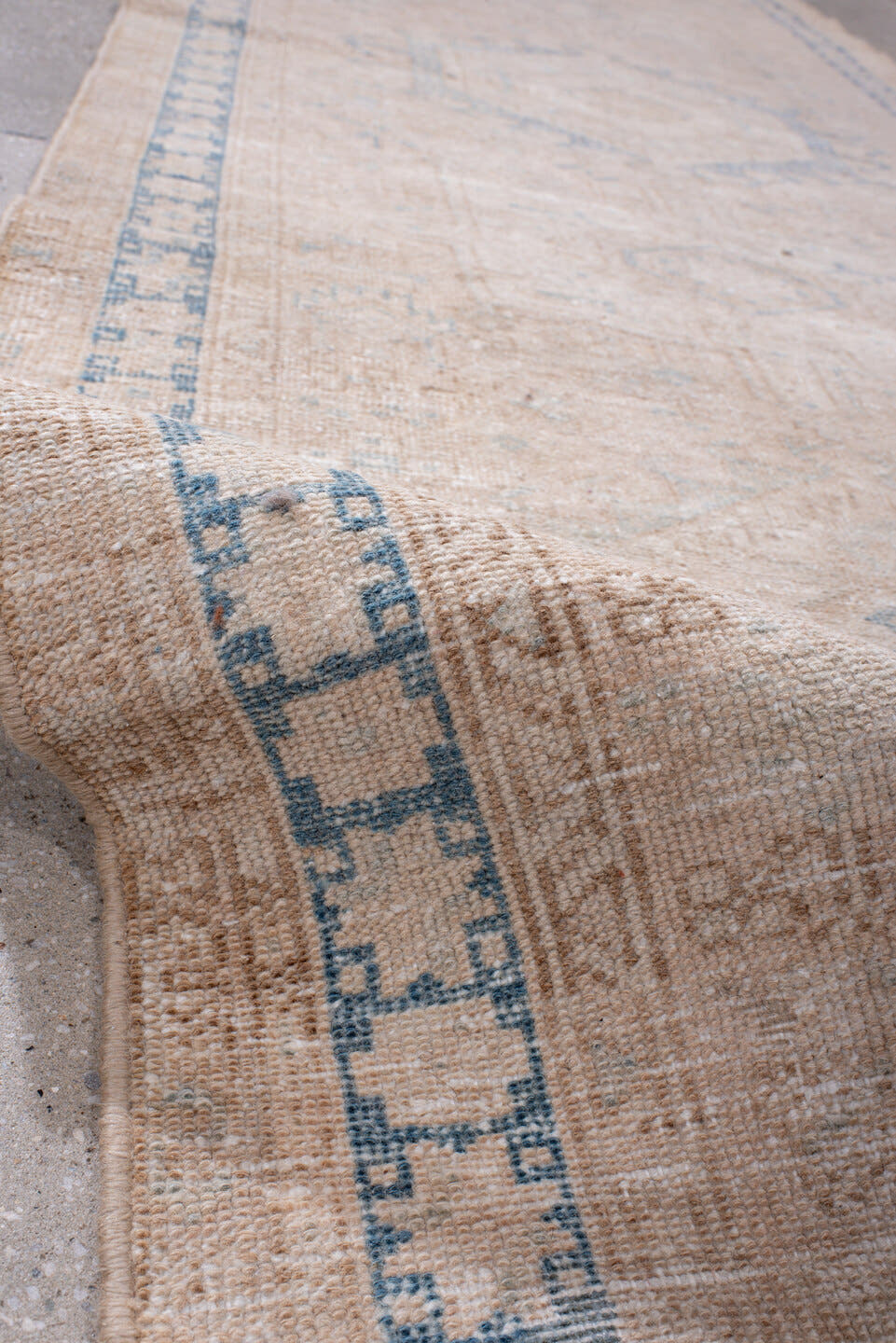 3' x 11' one-of-a-kind handmade antique Karaje runner rug. Color palette: ivory, pale blue, beige, taupe, cream, light blue