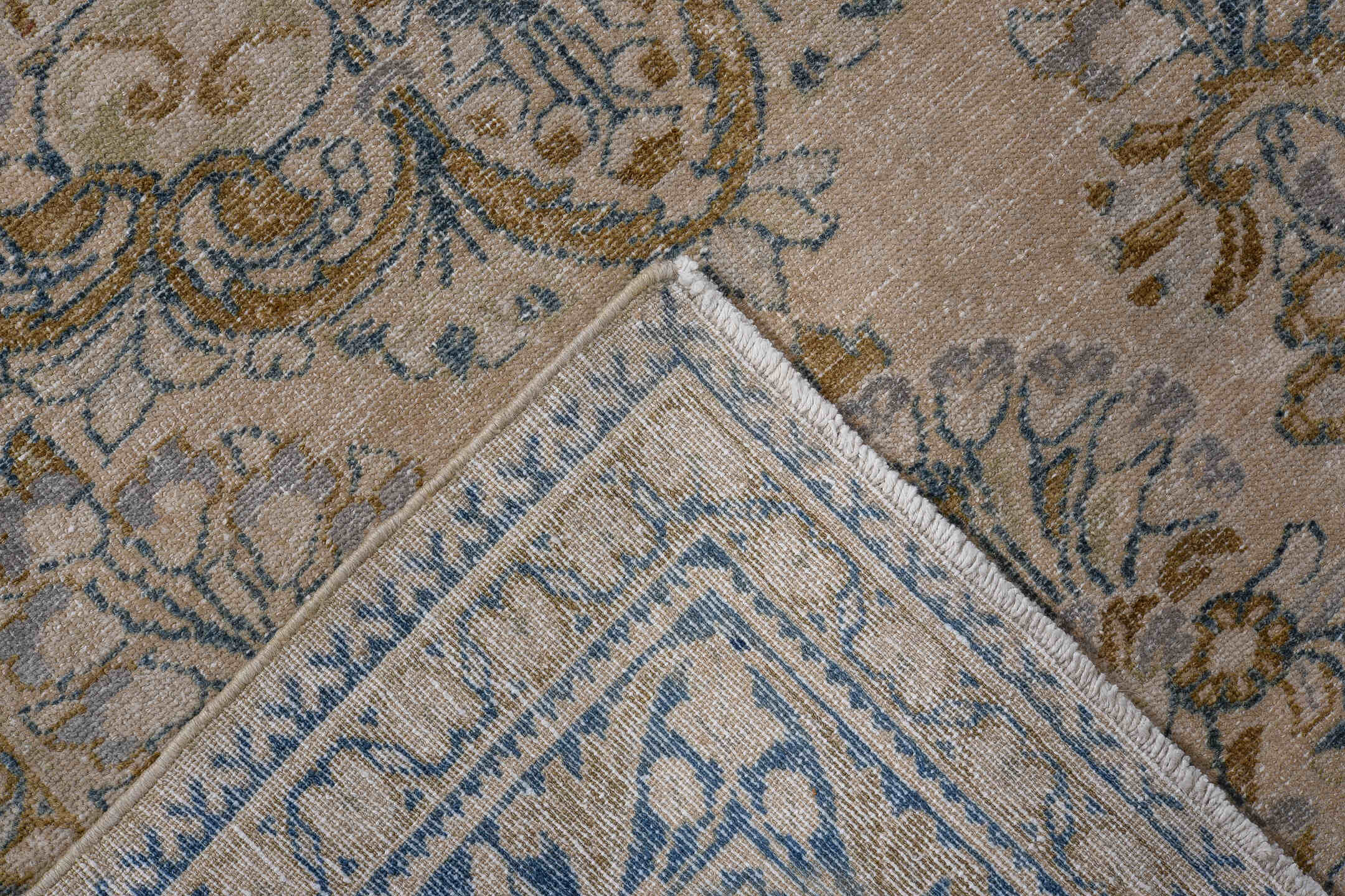 3' x 5' one-of-a-kind handmade antique Lilian small size rug. Color palette: ivory, sky blue, camel, taupe, beige