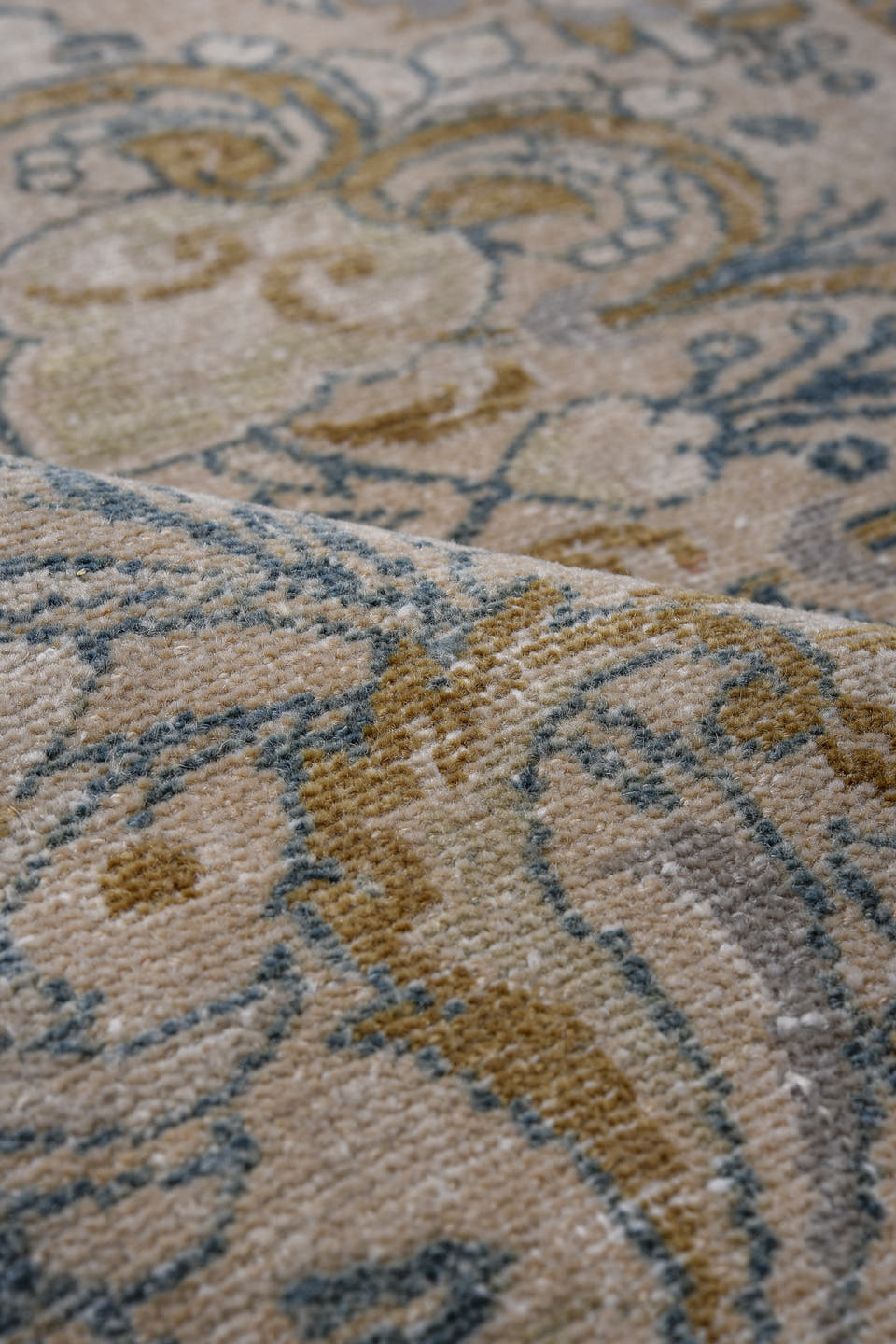 3' x 5' one-of-a-kind handmade antique Lilian small size rug. Color palette: ivory, sky blue, camel, taupe, beige