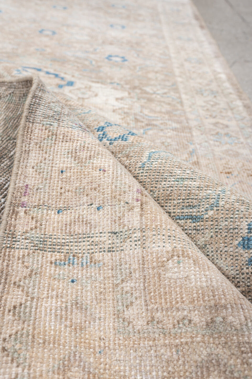 3' x 7' one-of-a-kind handmade antique Mahal runner rug. Color palette: ivory, beige, pale blue, taupe, sand, light gray