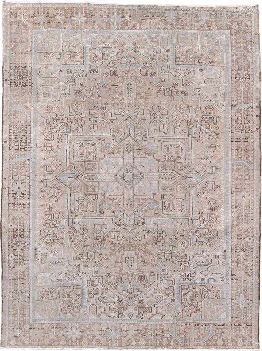8' x 10' one-of-a-kind handmade antique Karaje large size rug. Color palette: taupe, ivory, beige, light blue, camel, brown