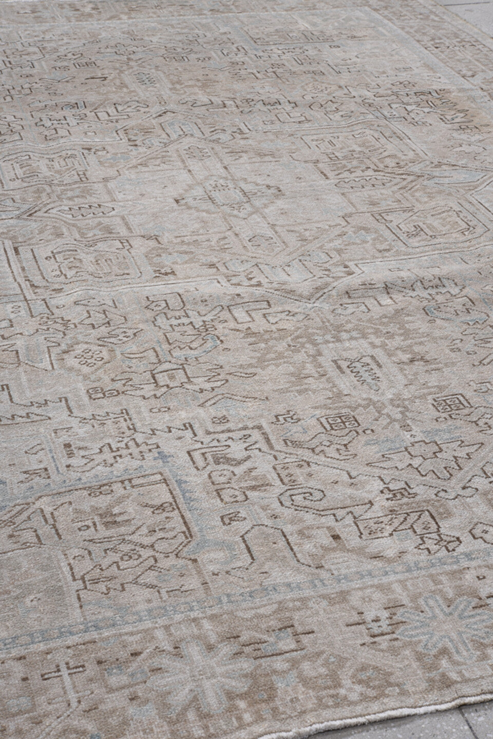 8' x 10' one-of-a-kind handmade antique Karaje large size rug. Color palette: taupe, ivory, beige, light blue, camel, brown