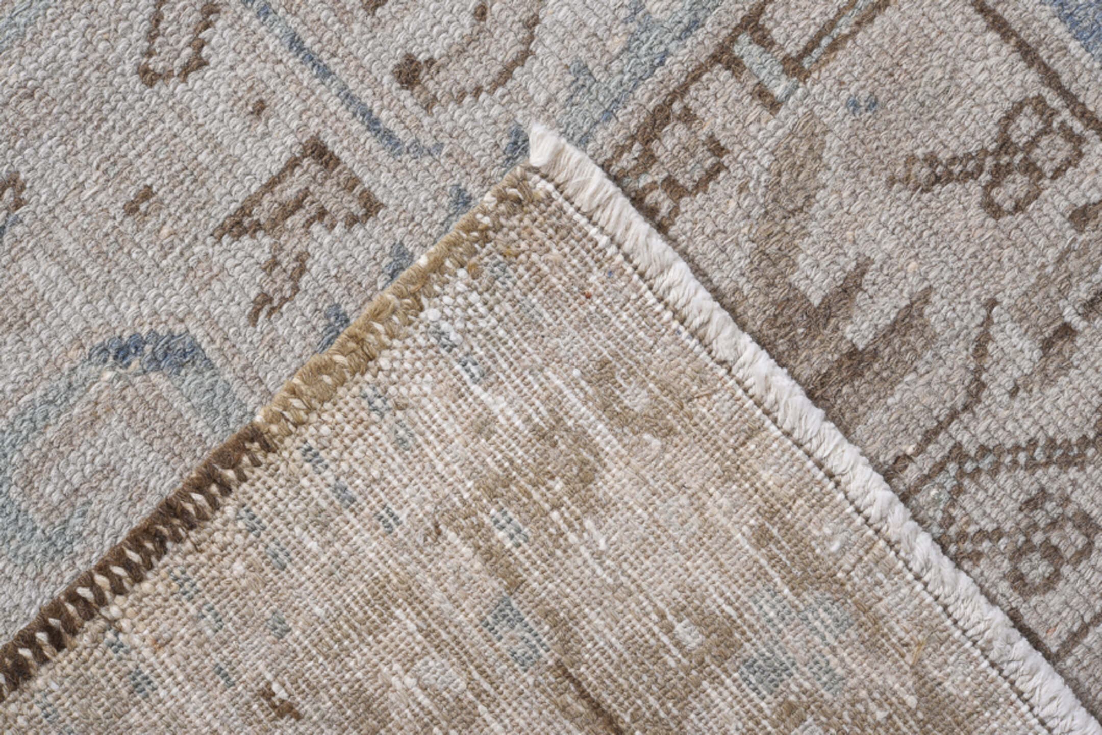 8' x 10' one-of-a-kind handmade antique Karaje large size rug. Color palette: taupe, ivory, beige, light blue, camel, brown