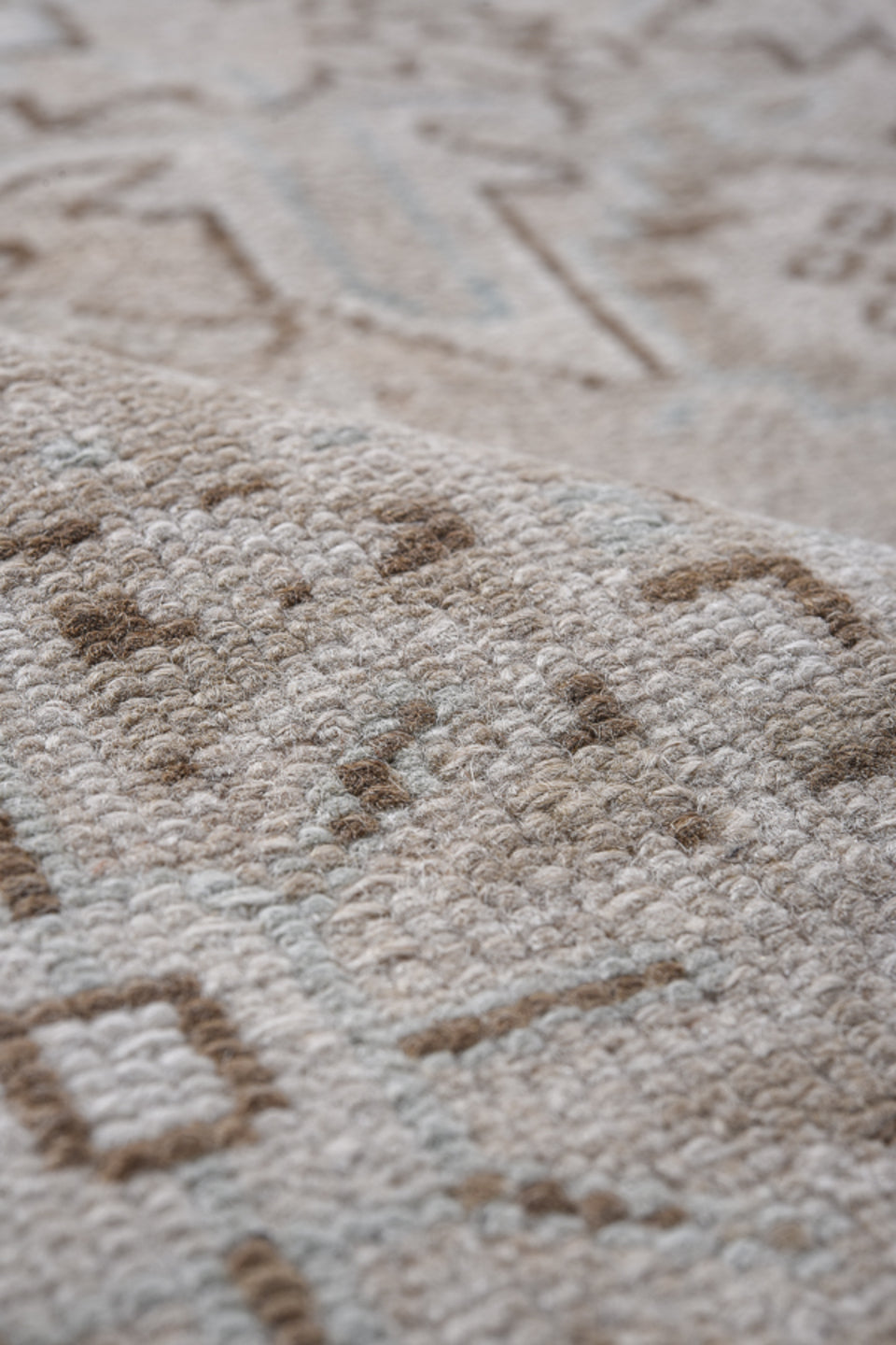 8' x 10' one-of-a-kind handmade antique Karaje large size rug. Color palette: taupe, ivory, beige, light blue, camel, brown