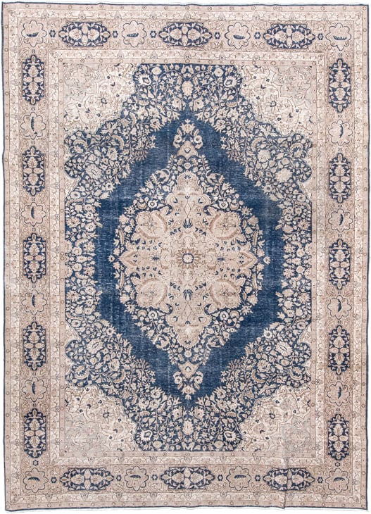 8' x 12' one-of-a-kind handmade antique Sivas large size rug. Color palette: ivory, blue, beige, taupe, gray