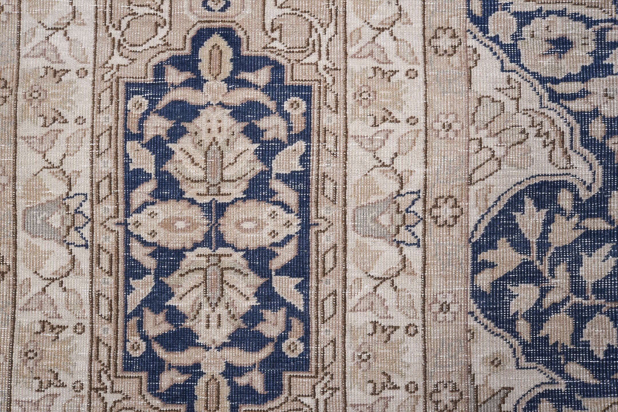 8' x 12' one-of-a-kind handmade antique Sivas large size rug. Color palette: ivory, blue, beige, taupe, gray