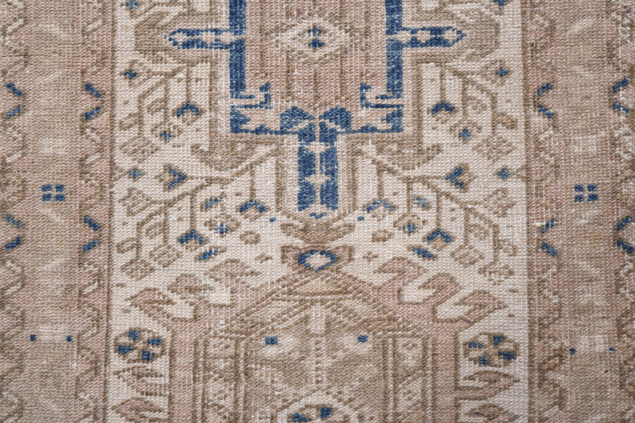2' x 8' one-of-a-kind handmade antique Karaje runner rug. Color palette: beige, ivory, taupe, slate, navy, camel, gray, blue