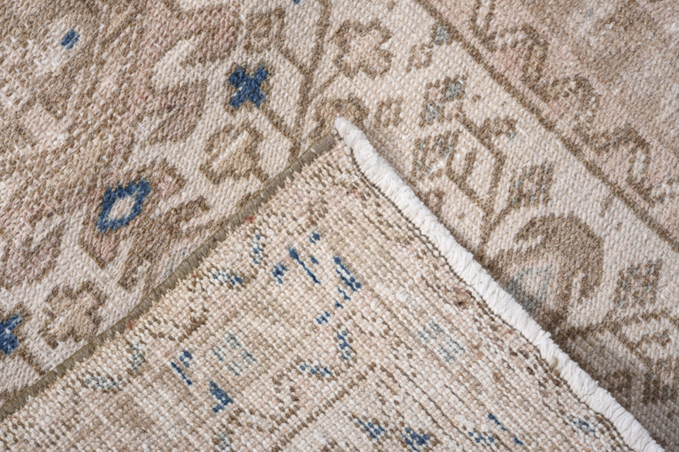 2' x 8' one-of-a-kind handmade antique Karaje runner rug. Color palette: beige, ivory, taupe, slate, navy, camel, gray, blue