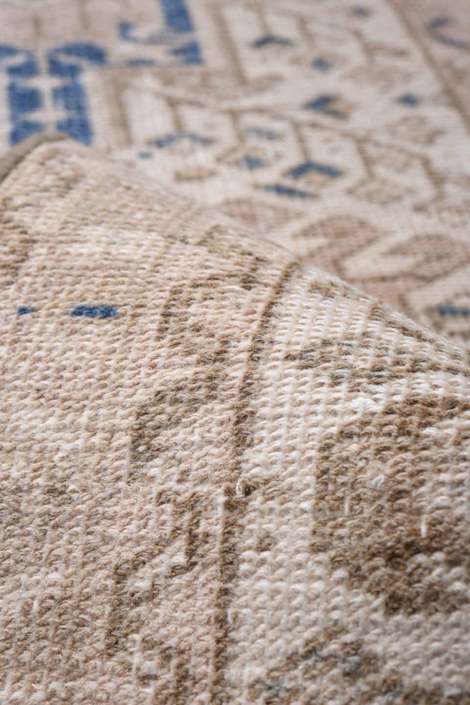 2' x 8' one-of-a-kind handmade antique Karaje runner rug. Color palette: beige, ivory, taupe, slate, navy, camel, gray, blue