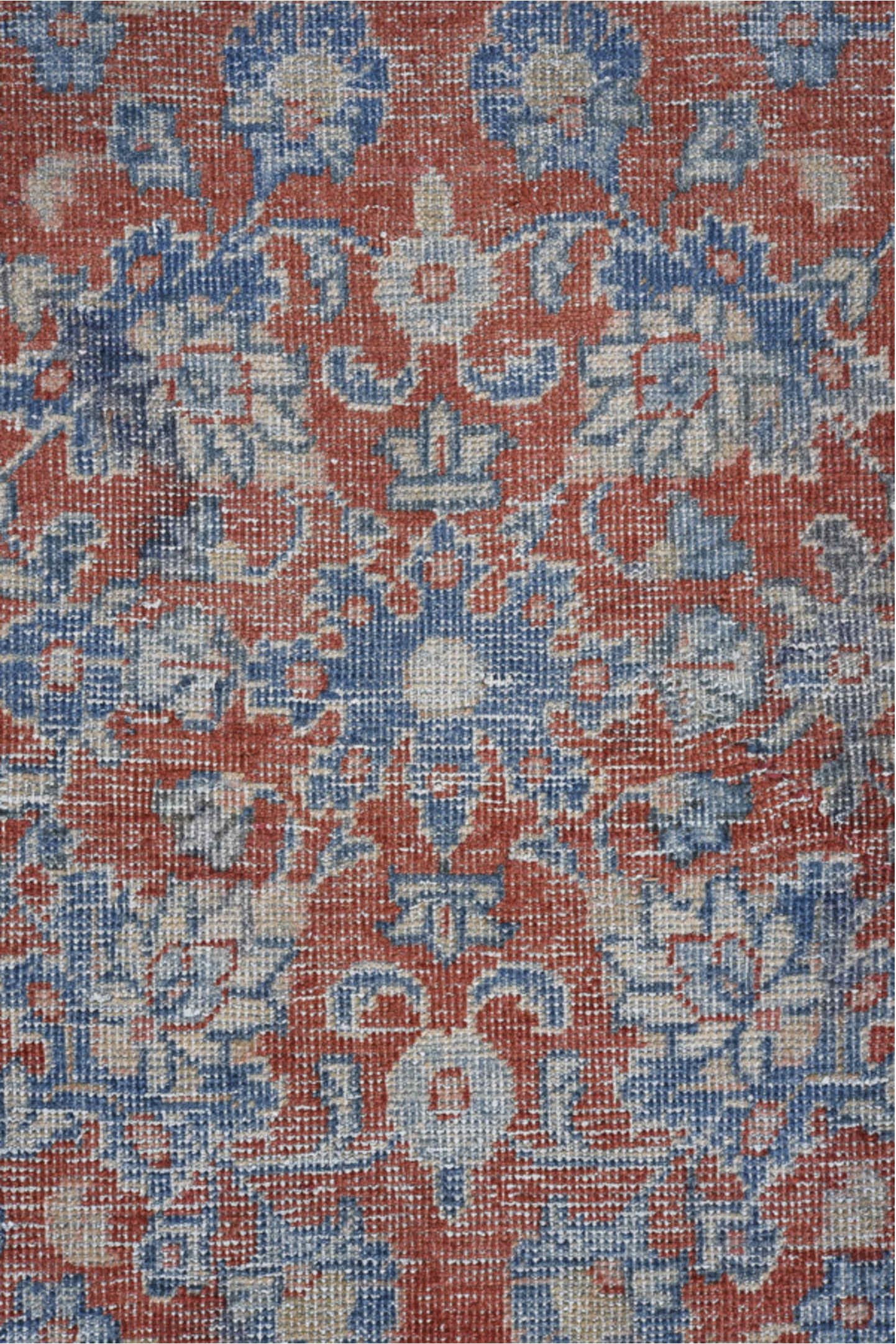 6' x 9' one-of-a-kind handmade antique Mahal medium size rug. Color palette: terra cotta, ivory, slate, dusty blue, navy