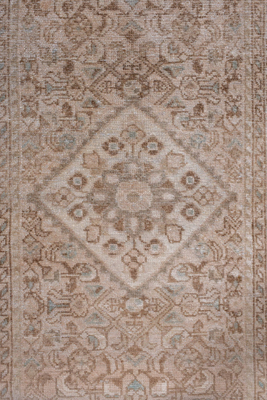 2' x 12' one-of-a-kind handmade antique Malayer runner rug. Color palette: ivory, taupe, sand, camel, pale blue, beige, gray
