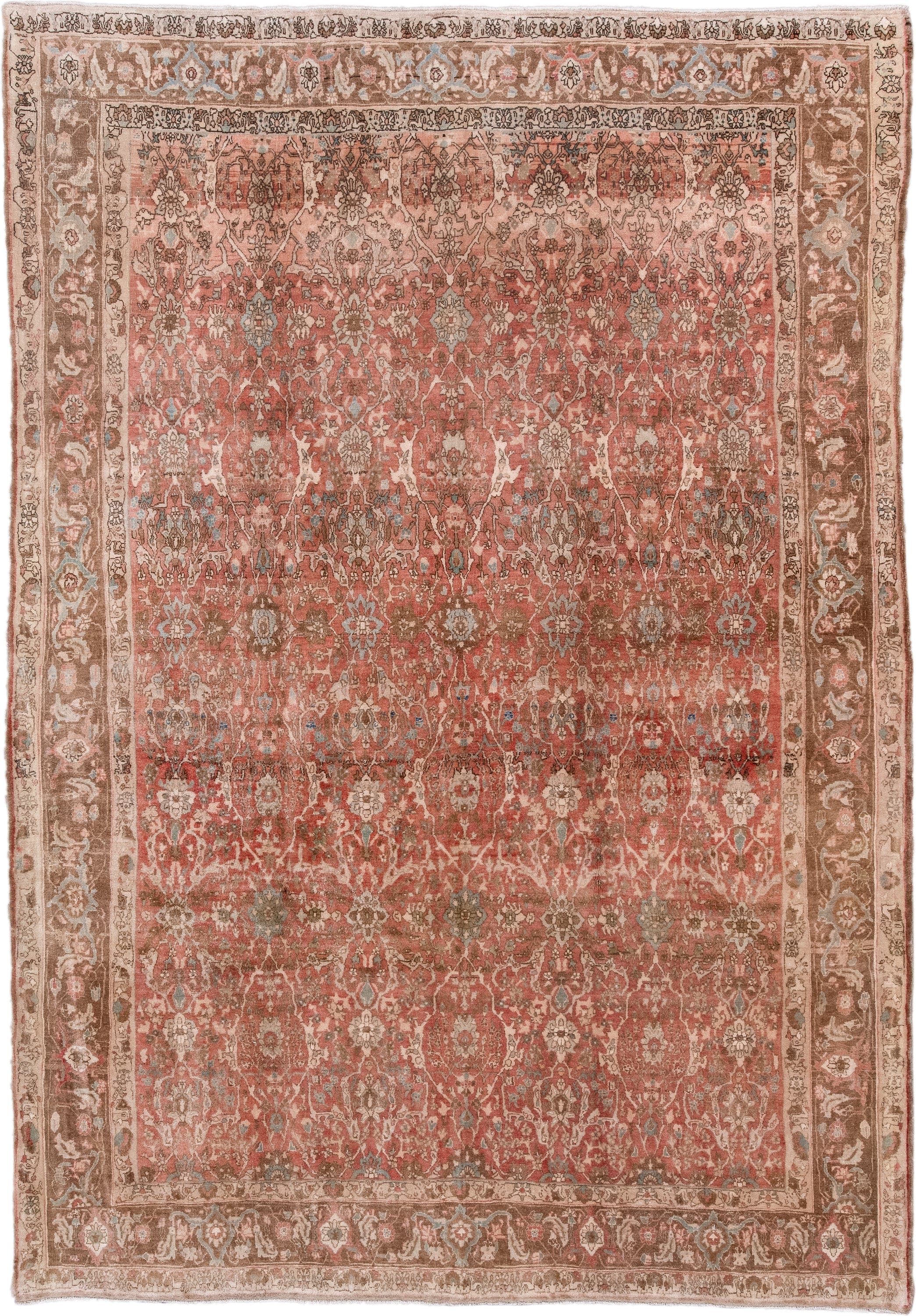 7' x 10' one-of-a-kind handmade antique Bidjar large size rug. Color palette: rose, terra cotta, taupe, ivory, brown, sage
