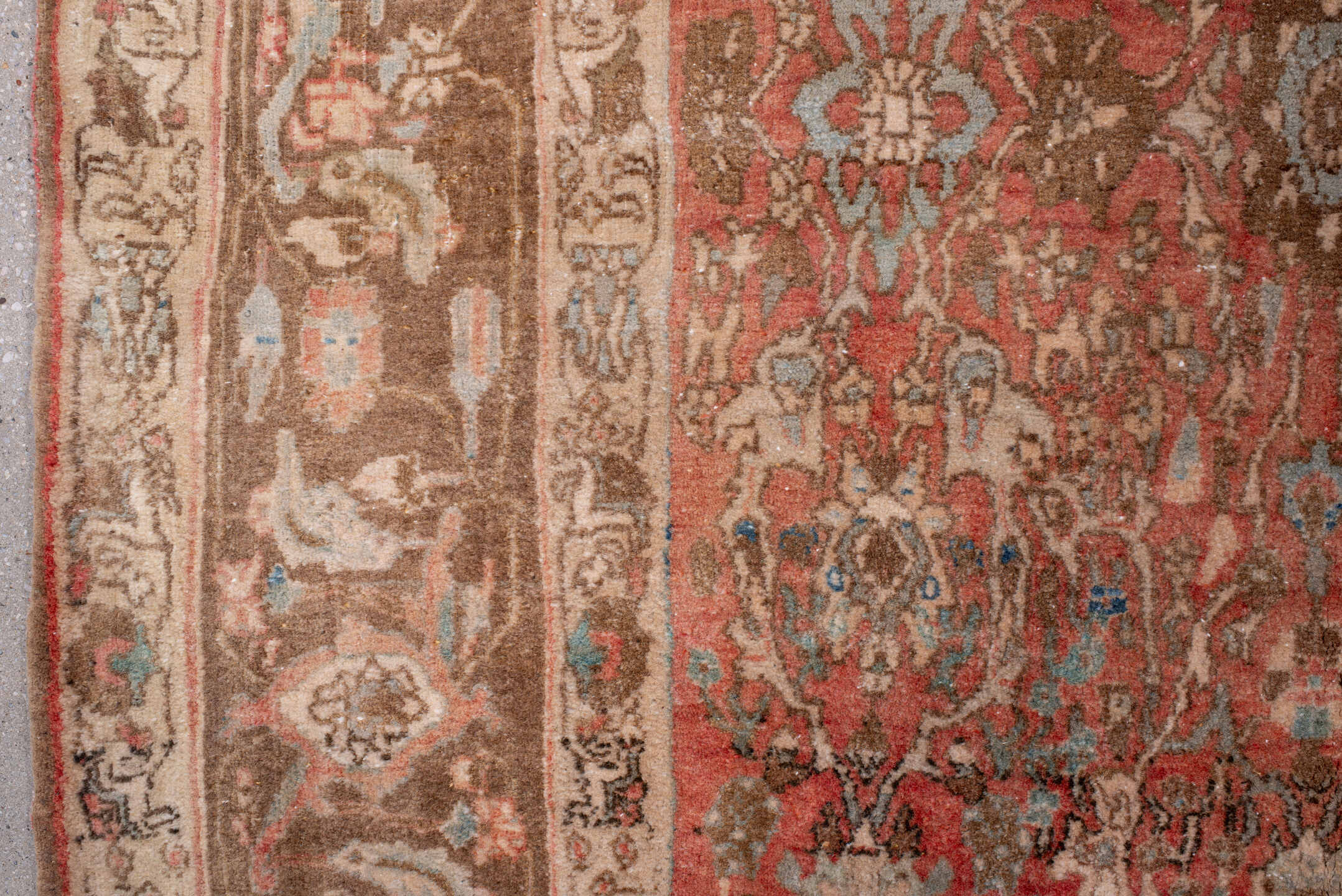 7' x 10' one-of-a-kind handmade antique Bidjar large size rug. Color palette: rose, terra cotta, taupe, ivory, brown, sage