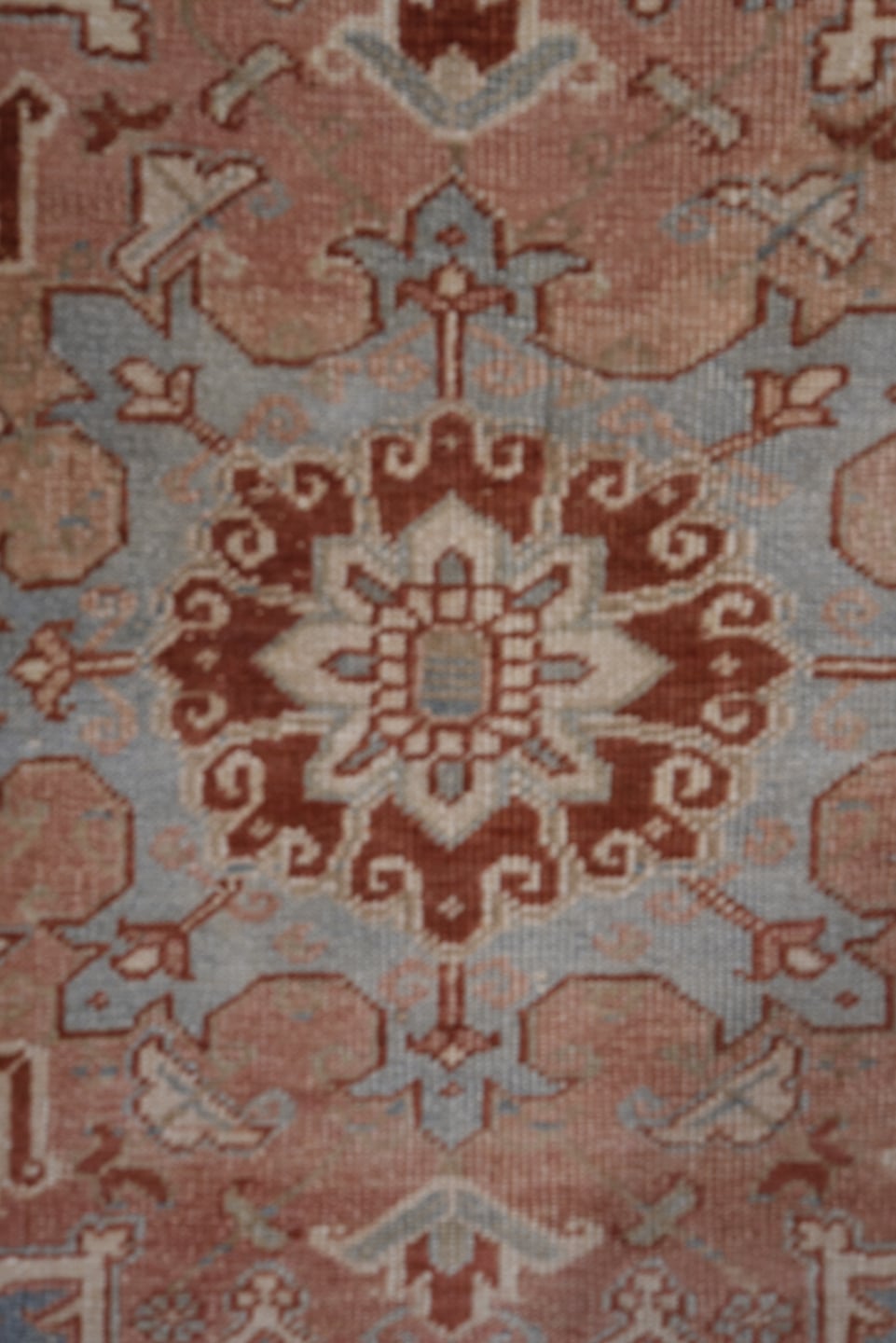 8' x 11' one-of-a-kind handmade antique Heriz large size rug. Color palette: ivory, rust, sky blue, blush, terra cotta