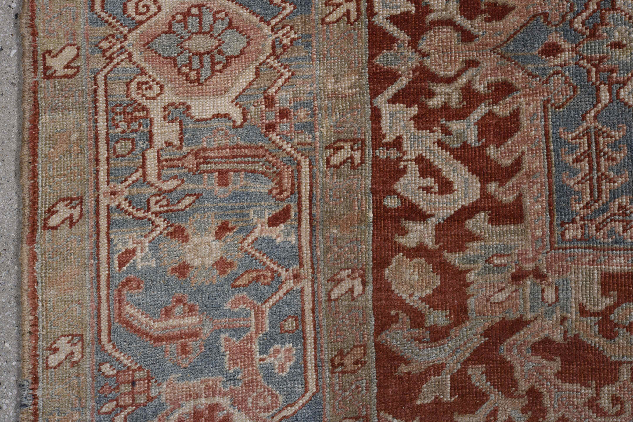 8' x 11' one-of-a-kind handmade antique Heriz large size rug. Color palette: ivory, rust, sky blue, blush, terra cotta